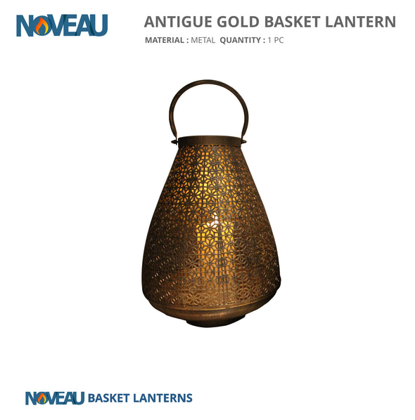 Oval Basket Candle Lantern Antique Gold Large