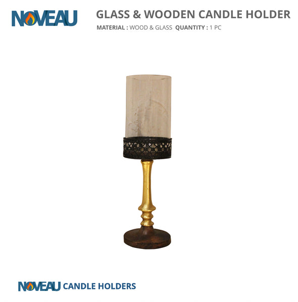 Round Glass & Wooden Candle Holder Black & Gold Medium