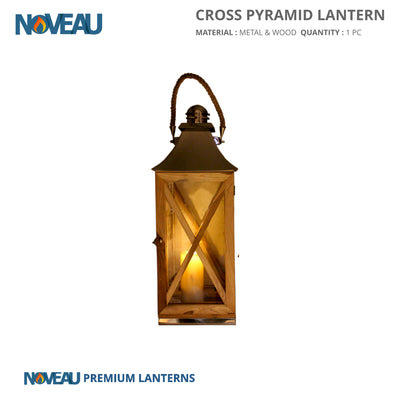 Glass & Wooden Cross Pyramid Lantern Large